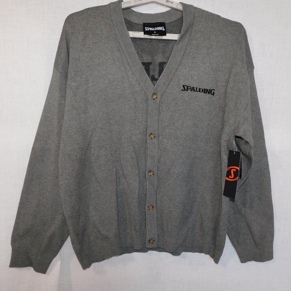 Spalding Cardigan Sweater Gray Black Spellout Button Front New w Tag Mens XL
